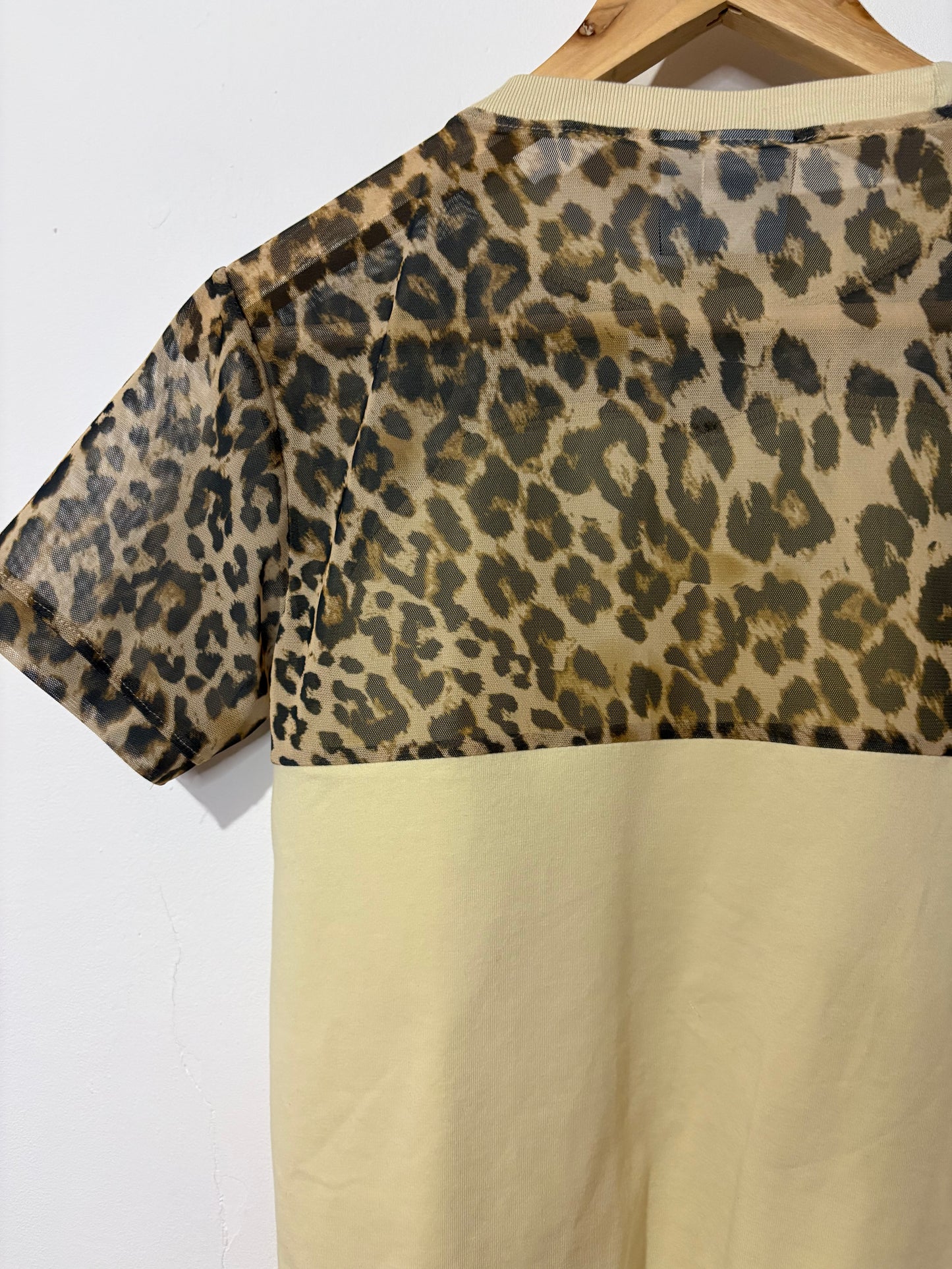 Vintage Y2K butter yellow adidas leopard print sheer mesh patchwork baby tee tshirt.