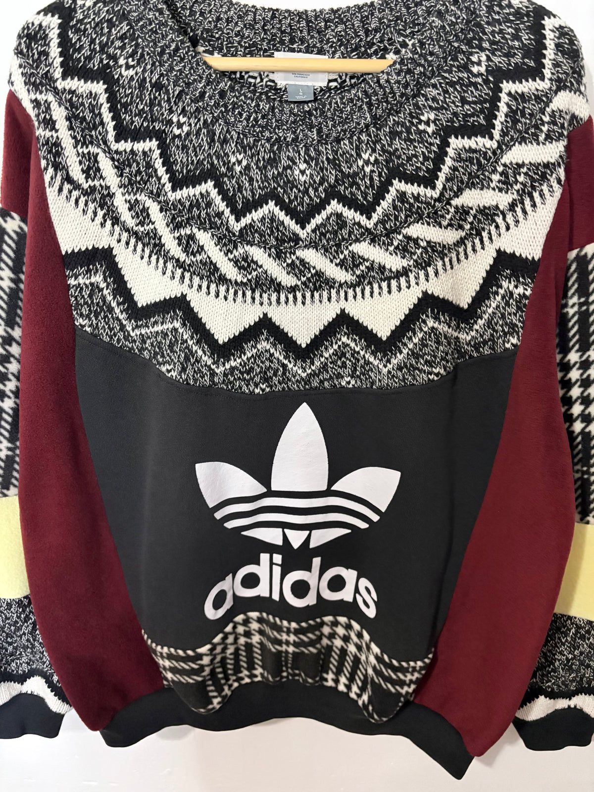 Vintage adidas logo Fair Isle pattern knit burgundy, butter yellow patchwork sweatshirt.