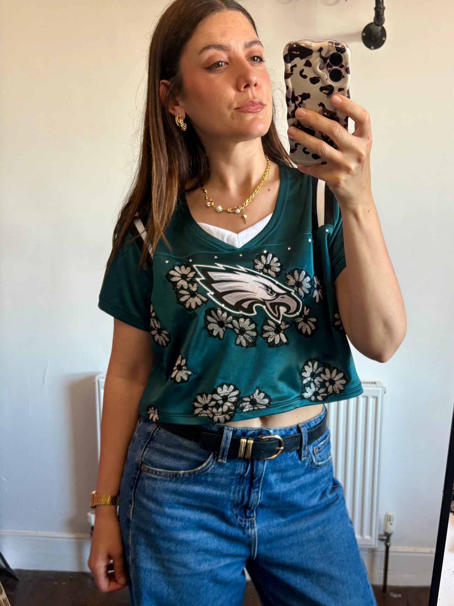 Vintage Y2K NFL Philadelphia Eagles daisy lace diamanté cropped jersey tshirt.