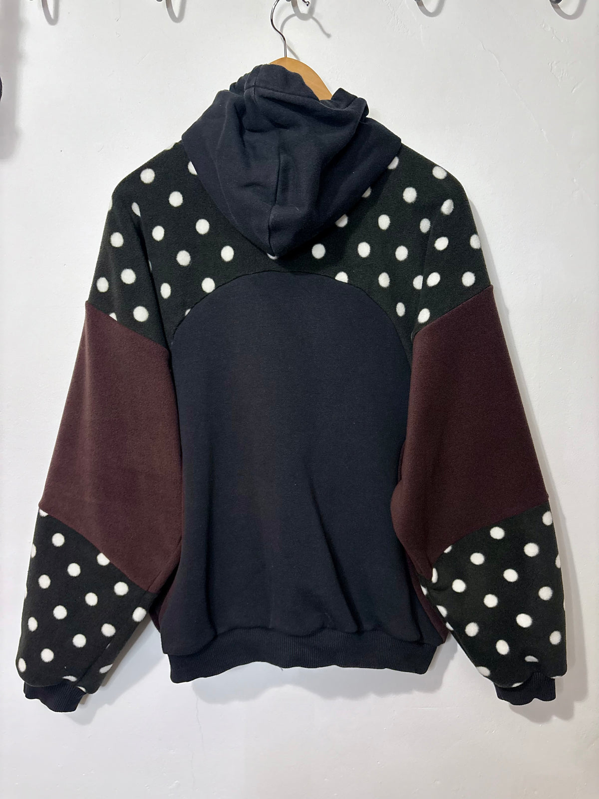 Y2K adidas logo polka dot and brown fleece patchwork hoodie sweatshirt.