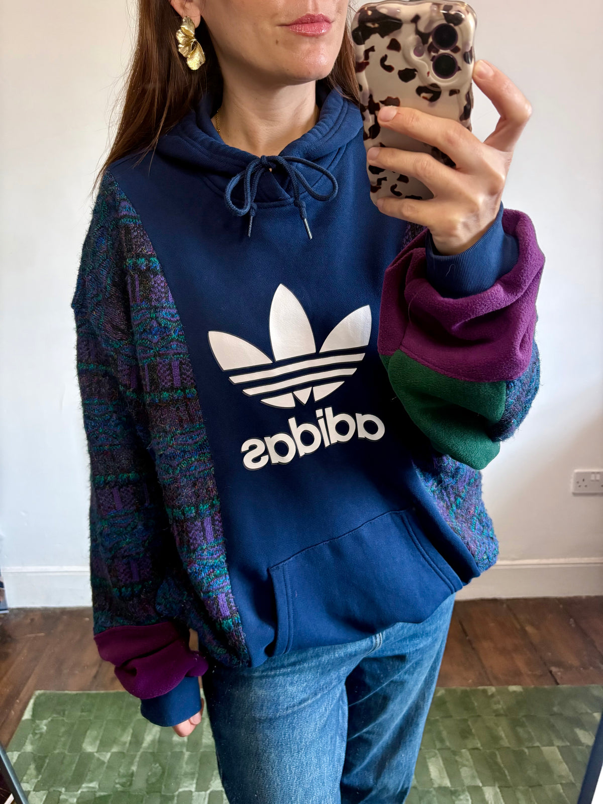 Vintage adidas trefoil logo funky pattern knit patchwork hoodie sweatshirt.