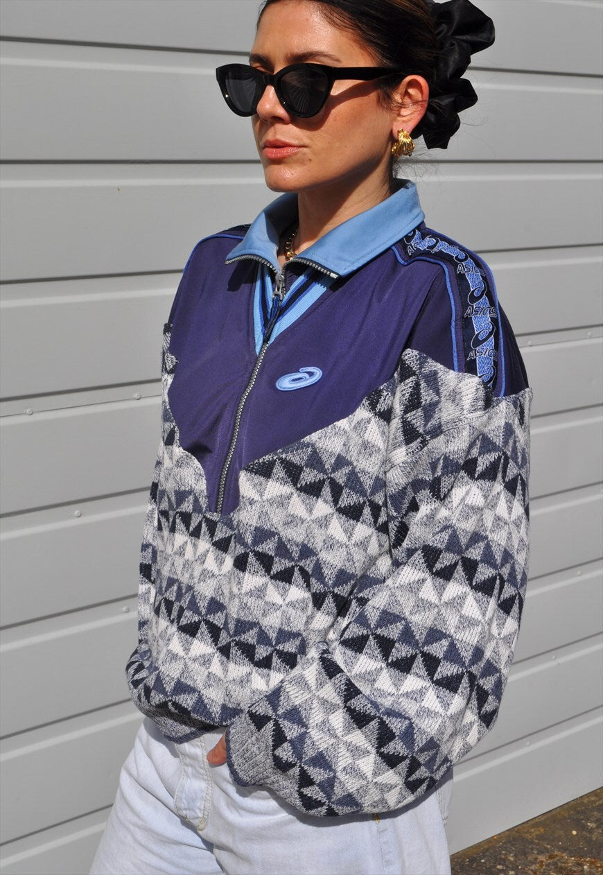 90's vintage Asics reworked track jacket crazy pattern knit.