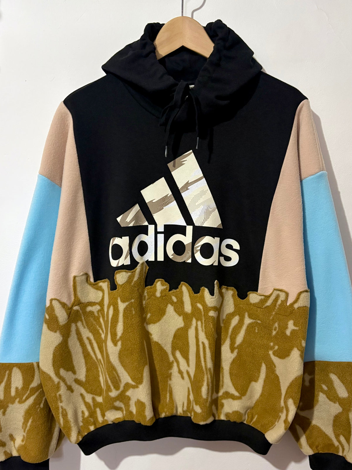 Y2K black adidas logo camouflage and baby blue fleece patchwork hoodie sweatshirt.