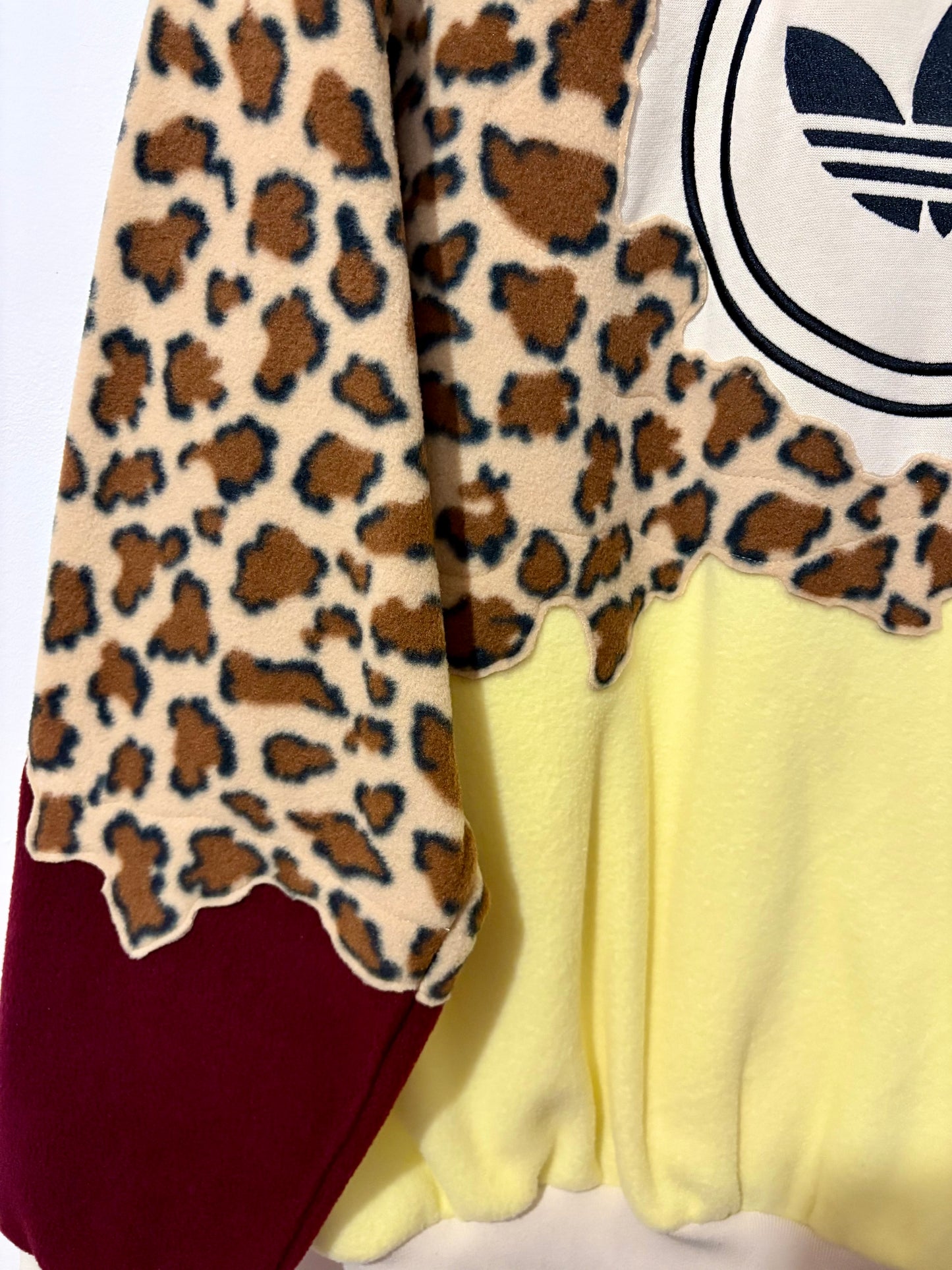 Y2K adidas leopard print, butter yellow, burgundy patchwork fleece hoodie sweatshirt.