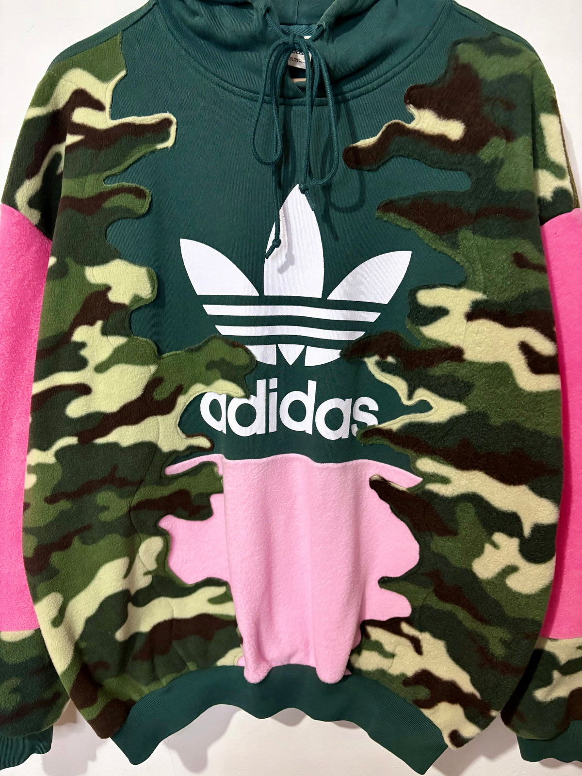Y2K green adidas camouflage and pink patchwork fleece hoodie sweatshirt.