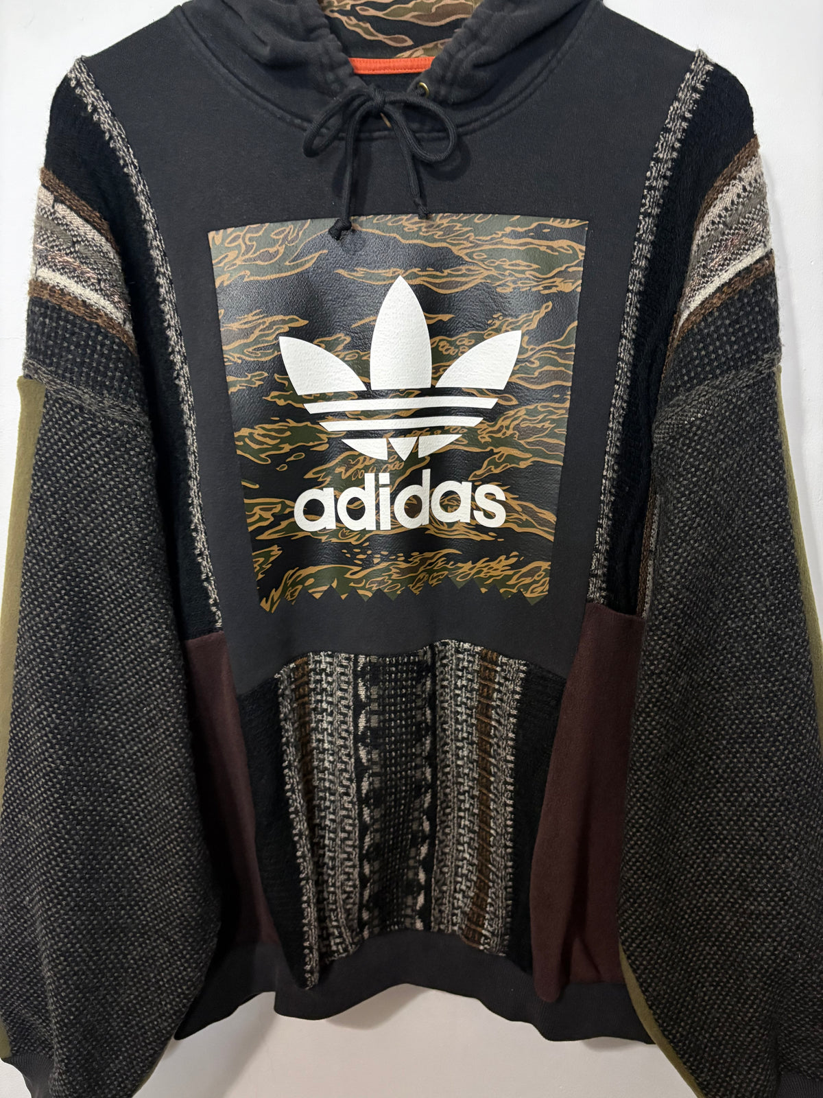 Vintage camouflage adidas logo funky stripe knit patchwork hoodie sweatshirt.