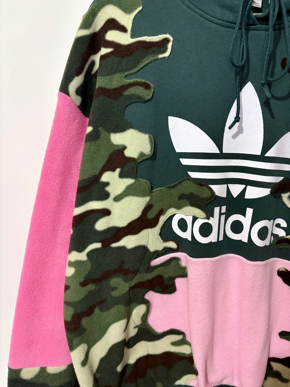 Y2K green adidas camouflage and pink patchwork fleece hoodie sweatshirt.
