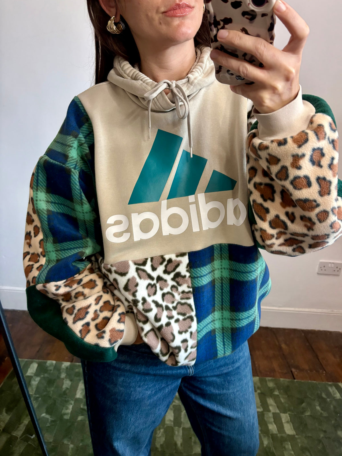 Y2K beige adidas logo clashing checked tartan and leopard print patchwork hoodie sweatshirt.