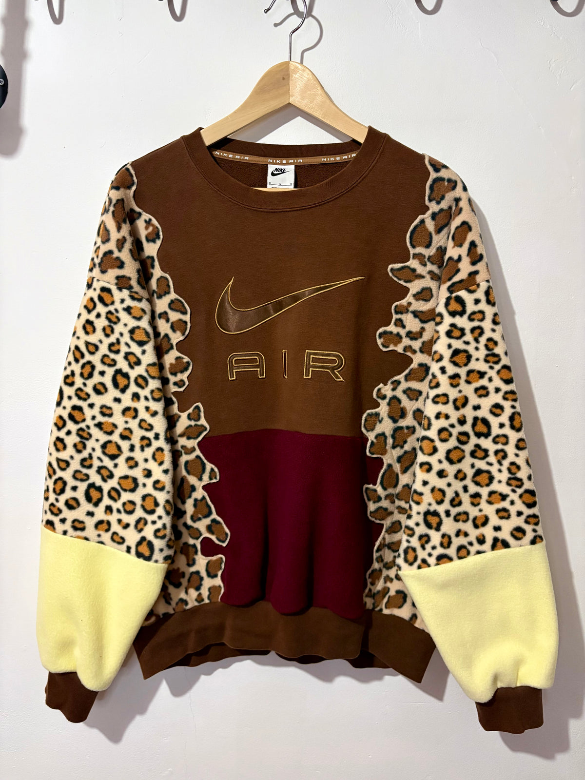 Y2K brown Nike air leopard print, burgundy and butter yellow fleece patchwork sweatshirt.