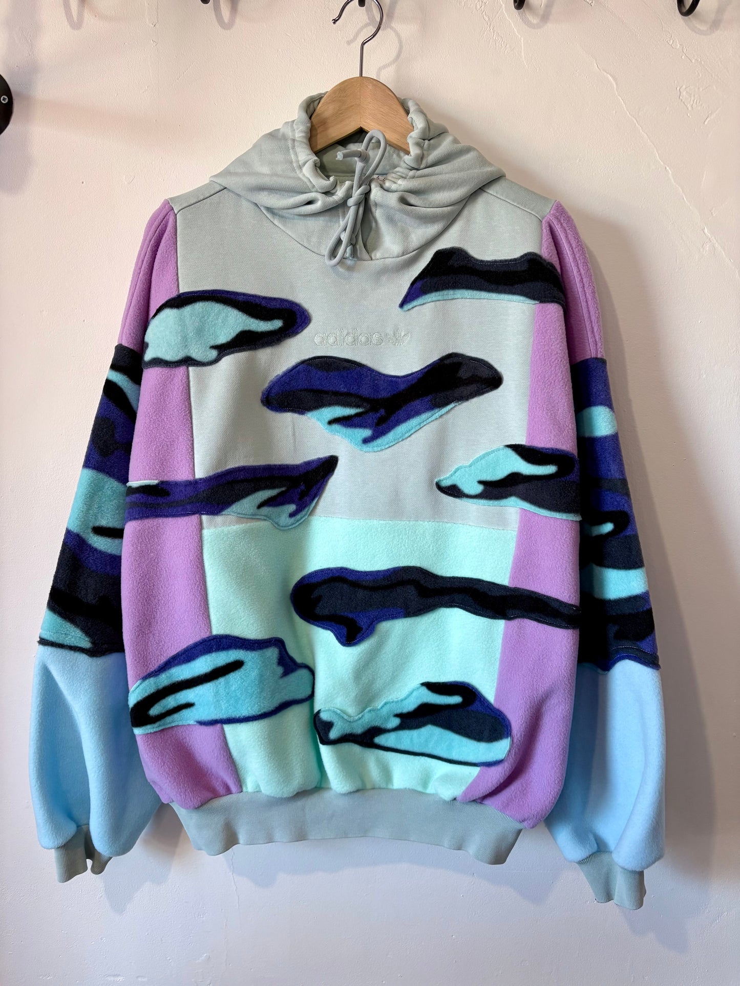 Y2K mint green adidas pastel camouflage patchwork fleece hoodie sweatshirt.
