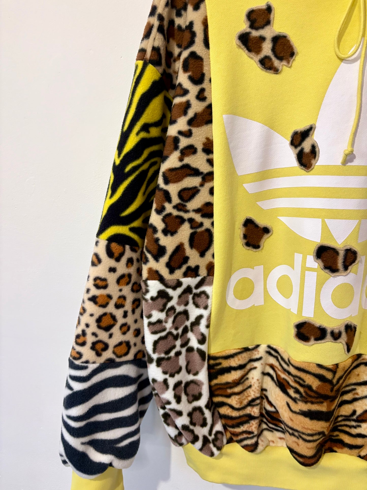 Y2K yellow adidas leopard animal print, patchwork fleece hoodie sweatshirt.