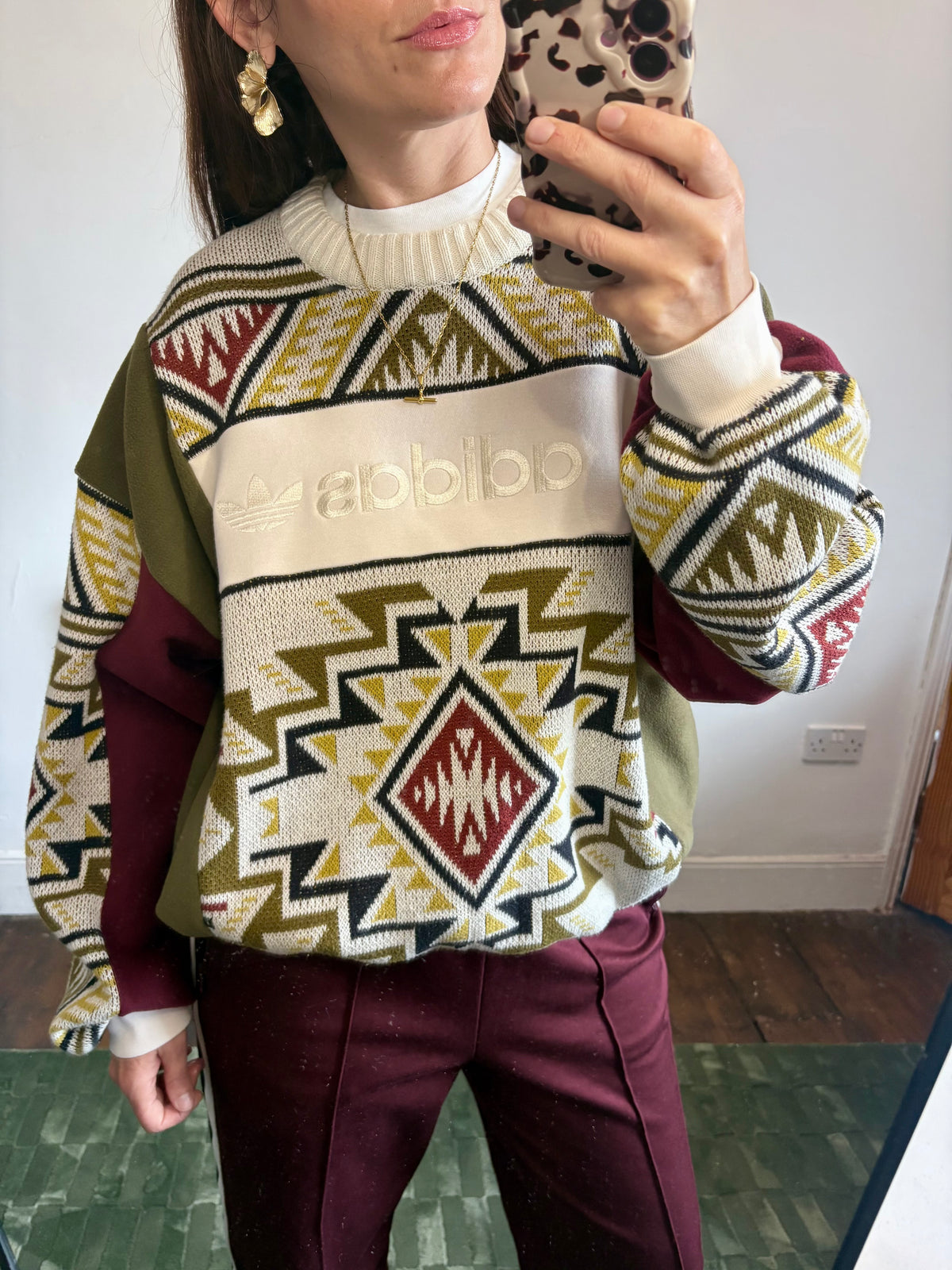 Vintage cream adidas logo funky pattern knit patchwork burgundy, khaki fleece sweatshirt.