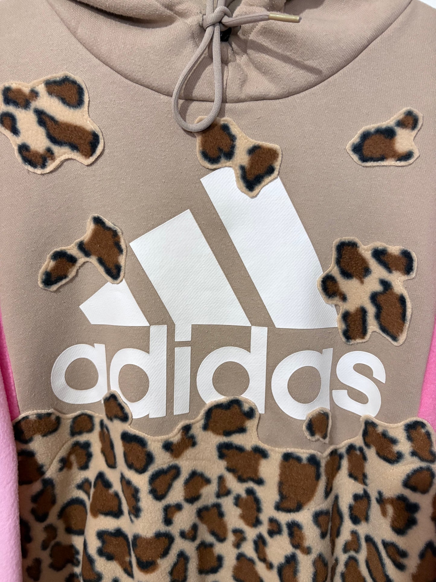 Y2K beige adidas leopard, animal print, pink patchwork fleece hoodie sweatshirt.