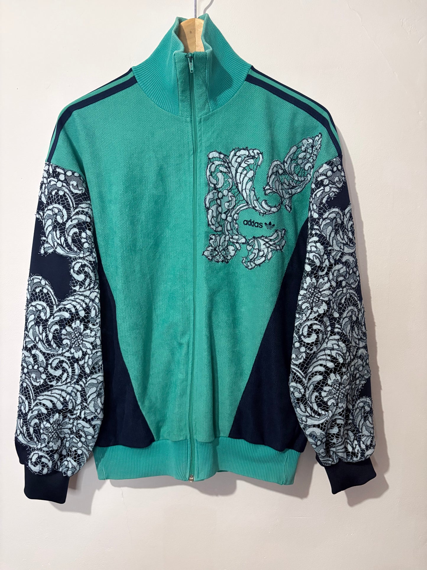 Vintage Y2K adidas baby blue lace patchwork track jacket.