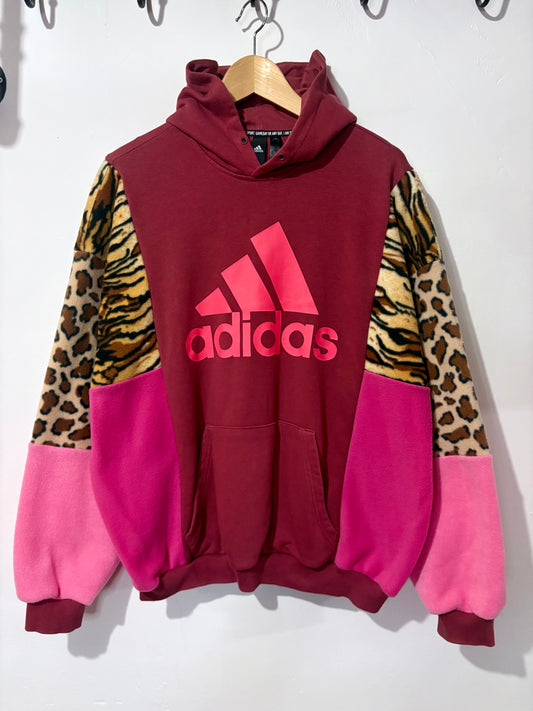 Y2K rust adidas tiger, leopard print and pink fleece patchwork hoodie sweatshirt.