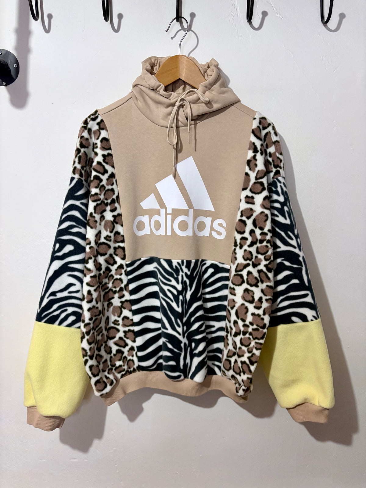 Y2K cream adidas zebra, leopard and butter yellow fleece patchwork hoodie sweatshirt.