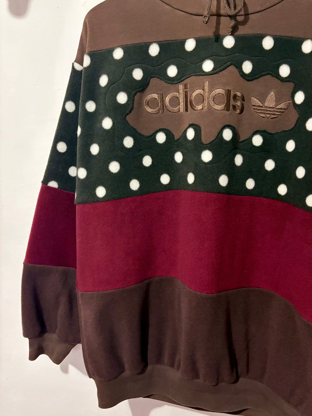 Y2K brown adidas logo polka dot and burgundy fleece stripe patchwork hoodie sweatshirt.