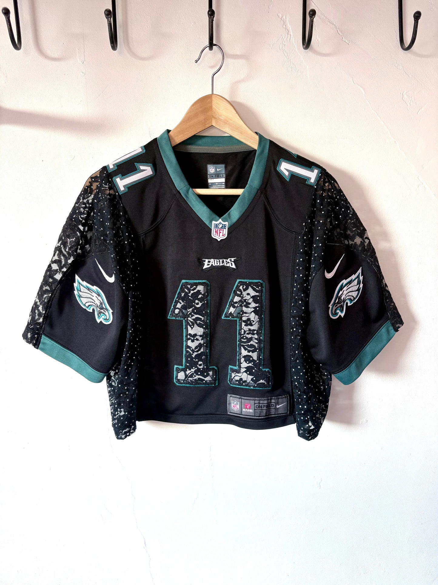 Vintage Y2K Nike NFL Philadelphia Eagles polka dot lace sheer mesh cropped jersey tshirt.