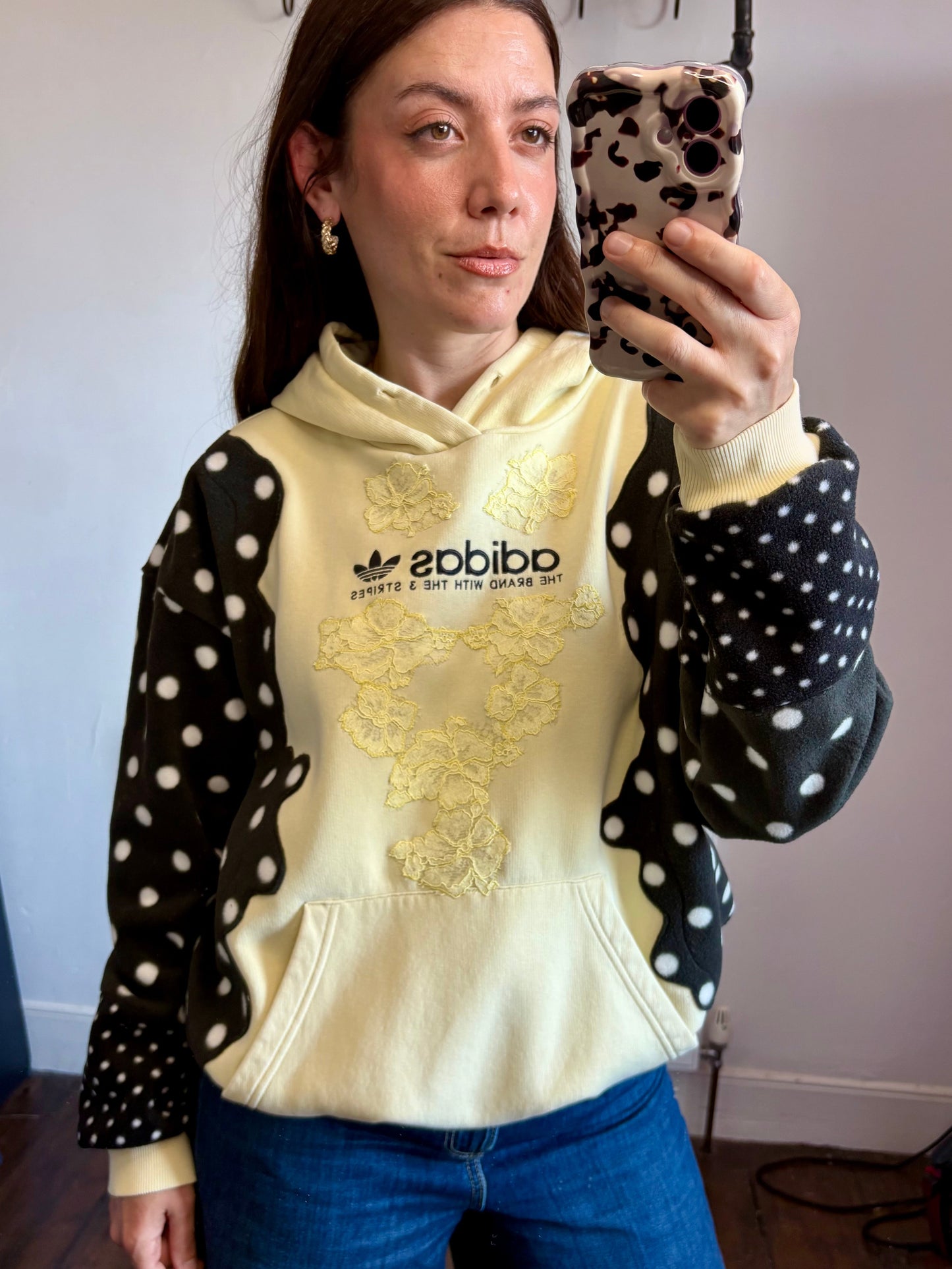 Y2K butter yellow adidas lace and polka dot patchwork hoodie sweatshirt.