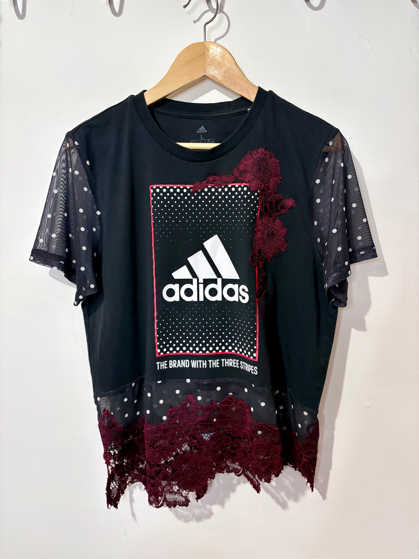 Vintage Y2K adidas polka dot sheer mesh burgundy lace patchwork tshirt