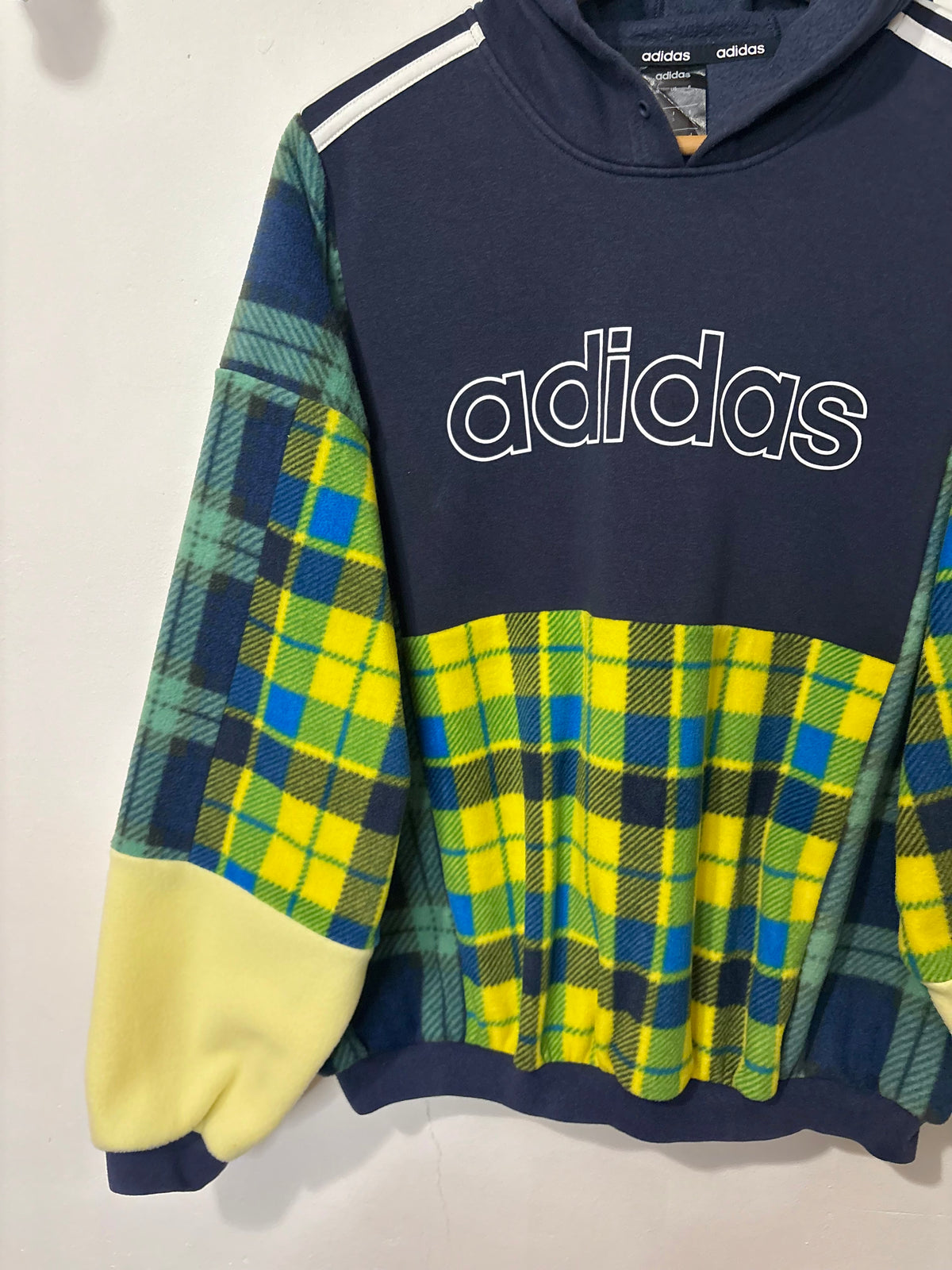 Y2K navy adidas spell out logo clashing checked tartan patchwork hoodie sweatshirt.