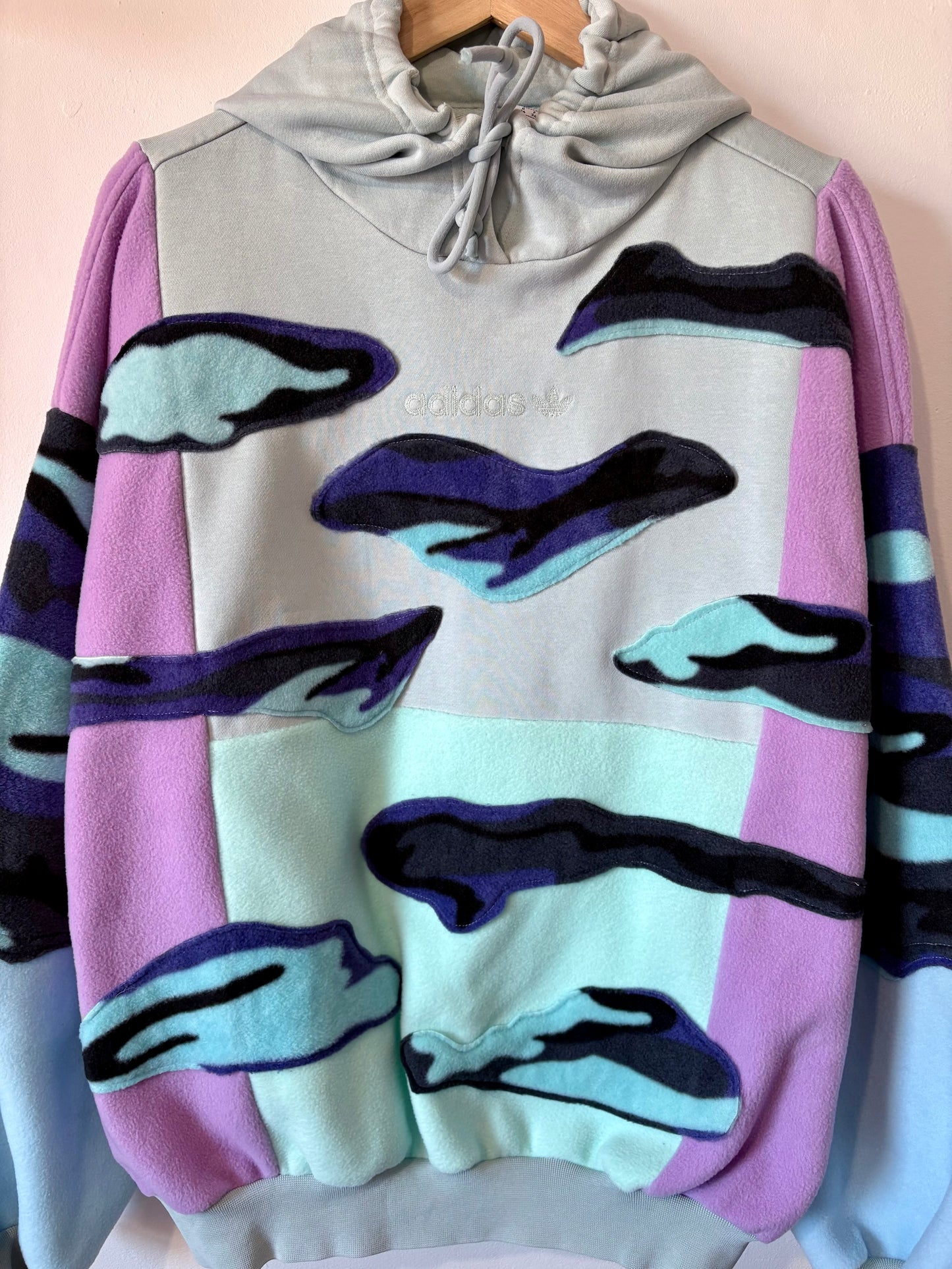 Y2K mint green adidas pastel camouflage patchwork fleece hoodie sweatshirt.