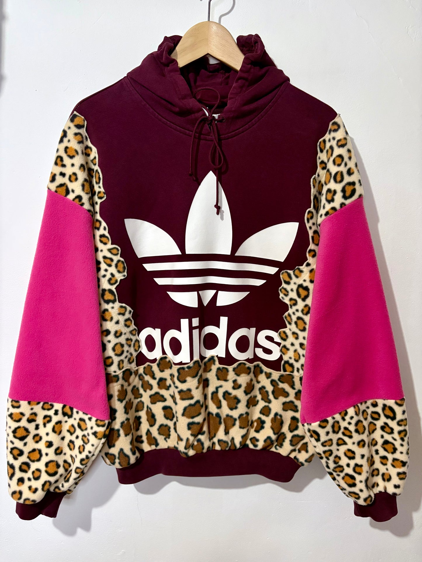 Y2K burgundy adidas leopard animal print, pink patchwork fleece hoodie sweatshirt