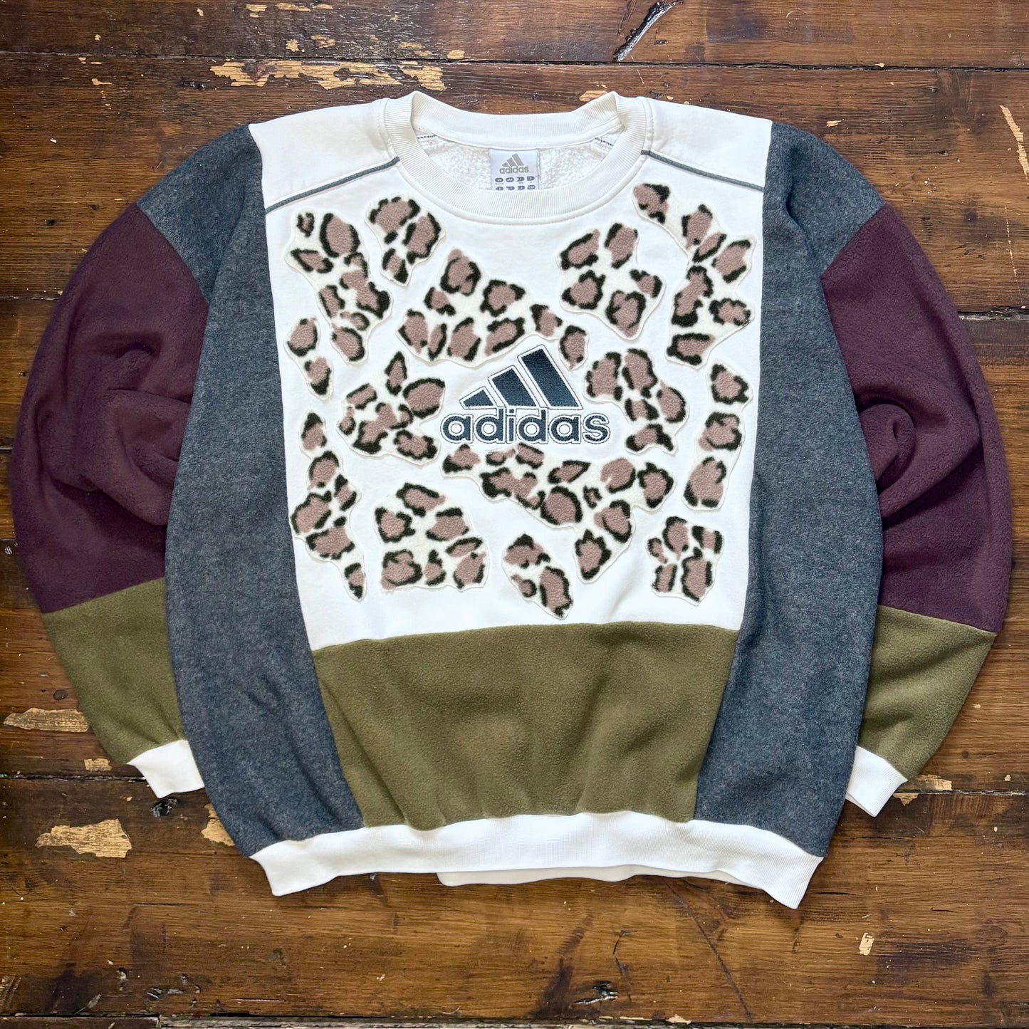 Leopard print fleece patchwork adidas logo sweatshirt
