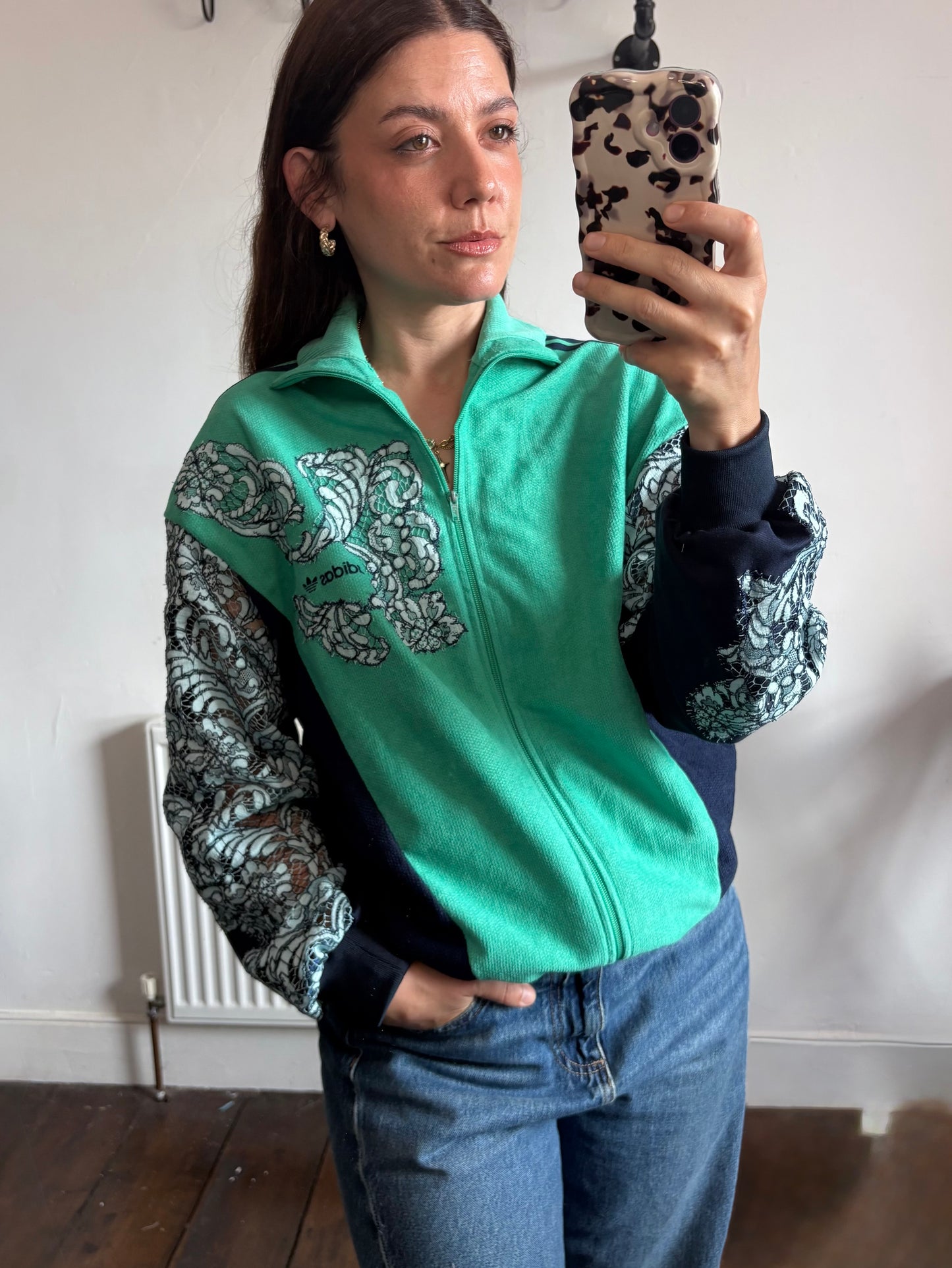 Vintage Y2K adidas baby blue lace patchwork track jacket.
