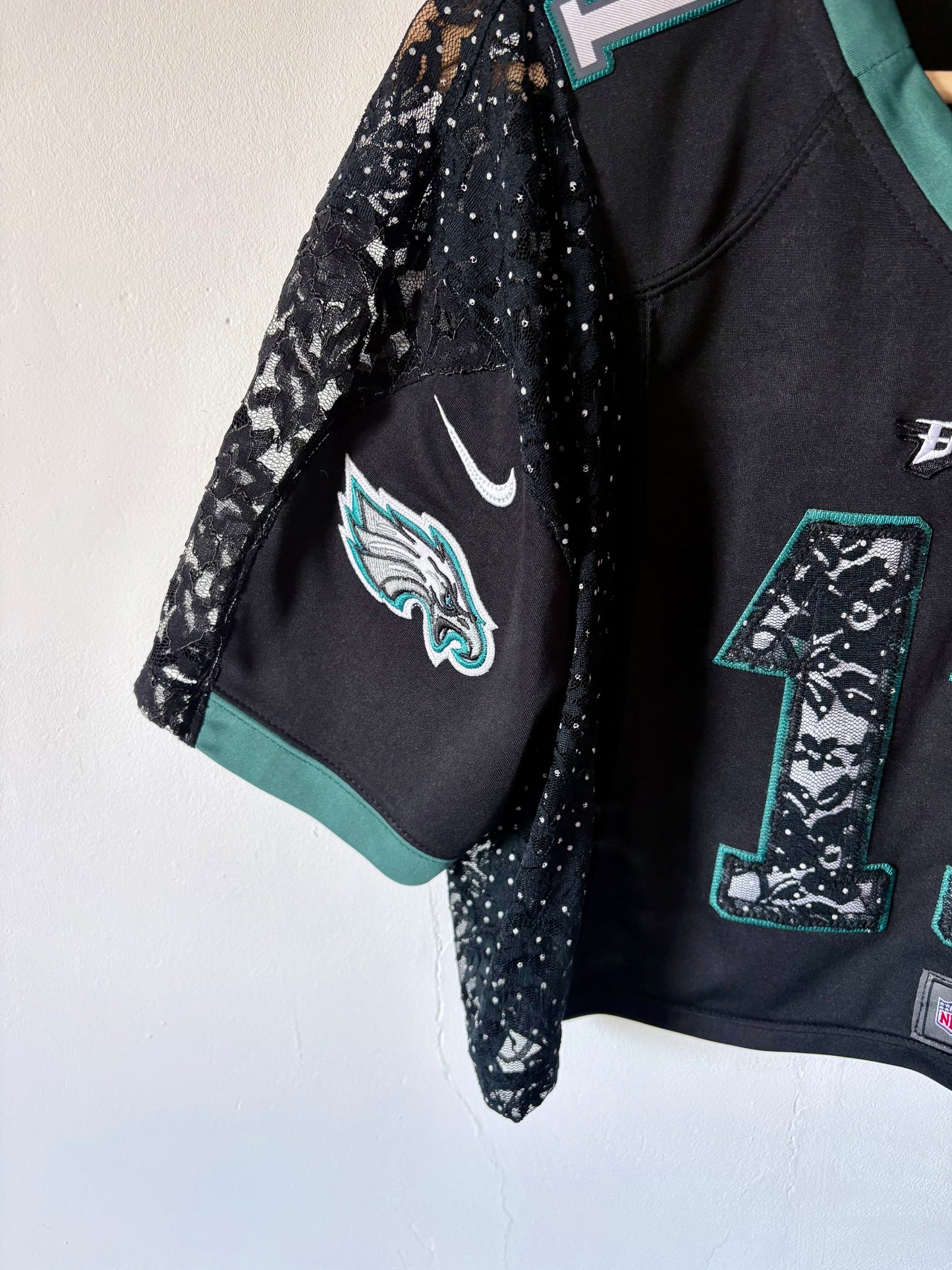 Vintage Y2K Nike NFL Philadelphia Eagles polka dot lace sheer mesh cropped jersey tshirt.