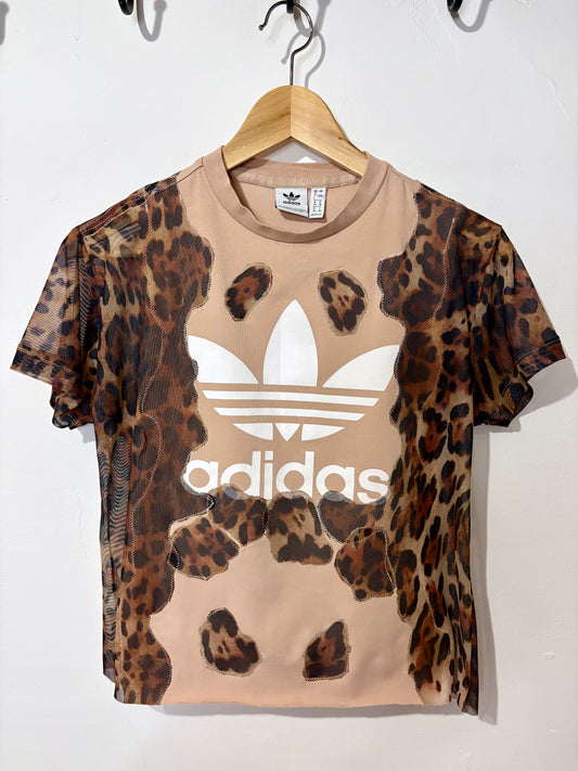 Vintage Y2K adidas leopard print sheer mesh wavy patchwork baby tee tshirt.