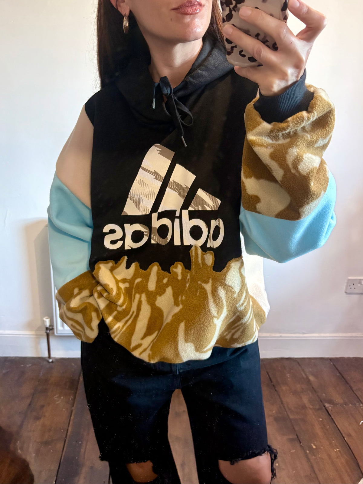 Y2K black adidas logo camouflage and baby blue fleece patchwork hoodie sweatshirt.