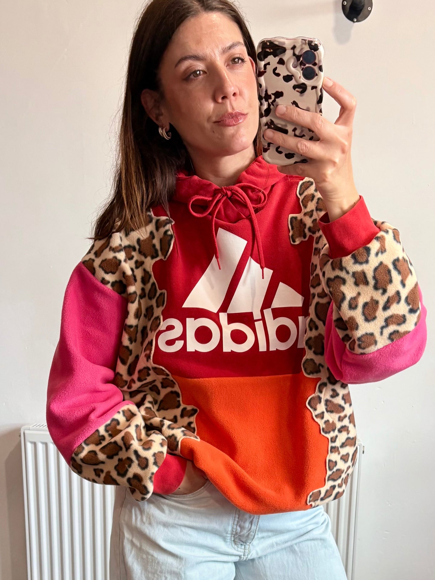 Y2K red adidas trefoil logo leopard print, pink and orange patchwork fleece hoodie sweatshirt.