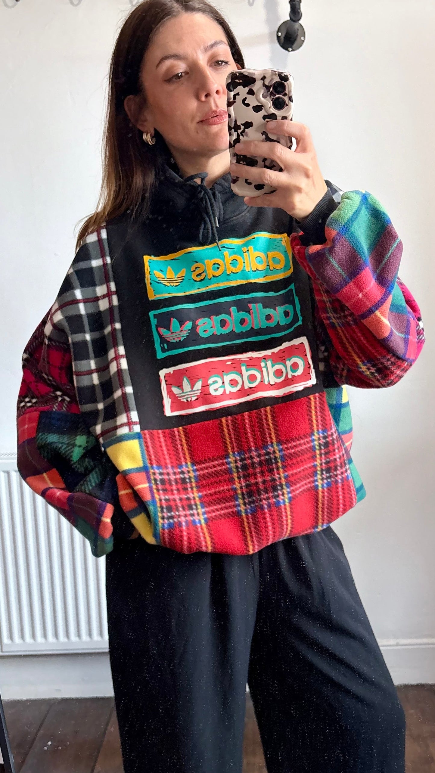 Y2K black adidas tartan checked fleece patchwork hoodie sweatshirt.