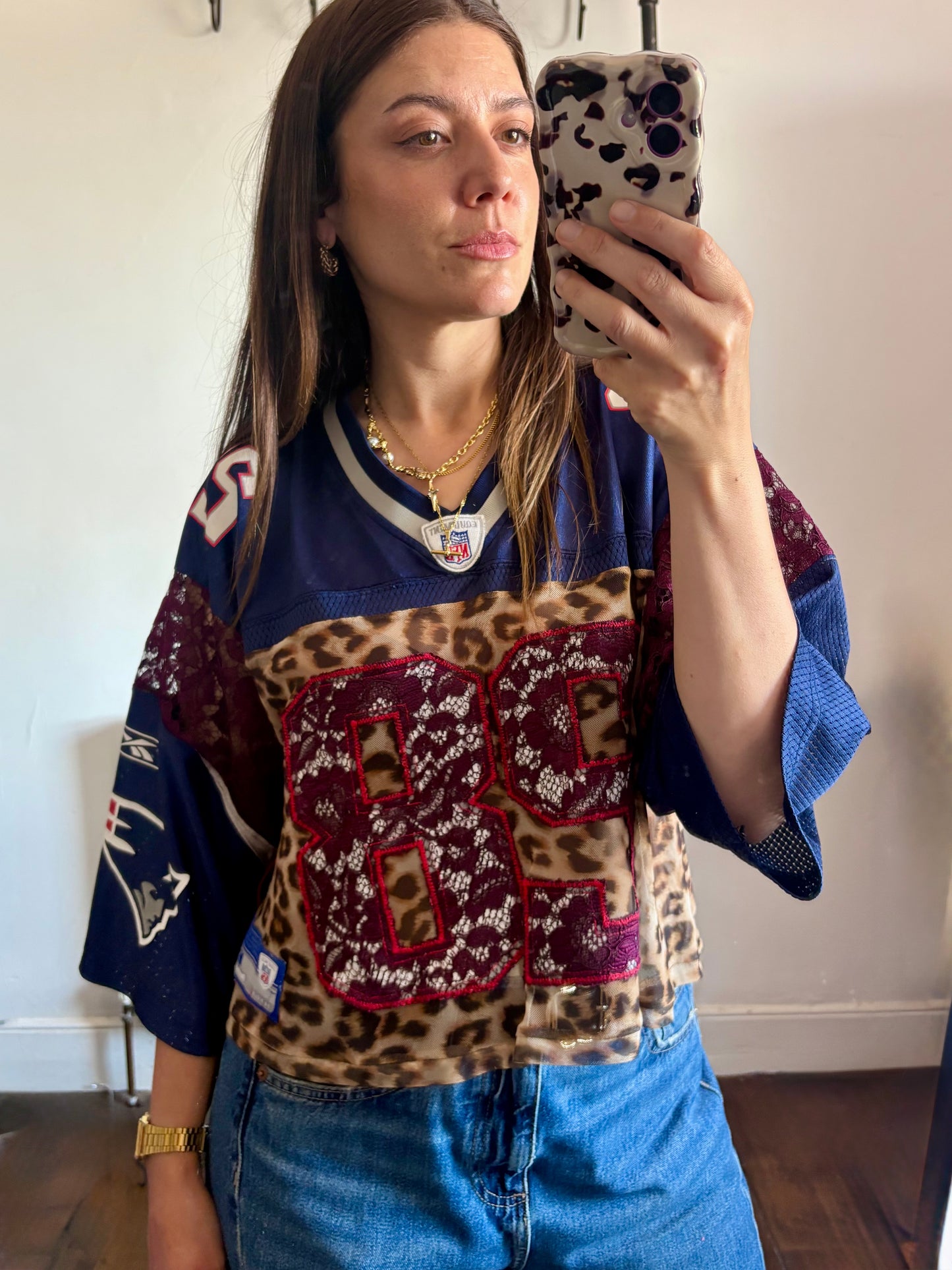 Vintage Y2K Reebok NFL New England Patriots leopard mesh, burgundy lace patchwork cropped jersey tshirt.