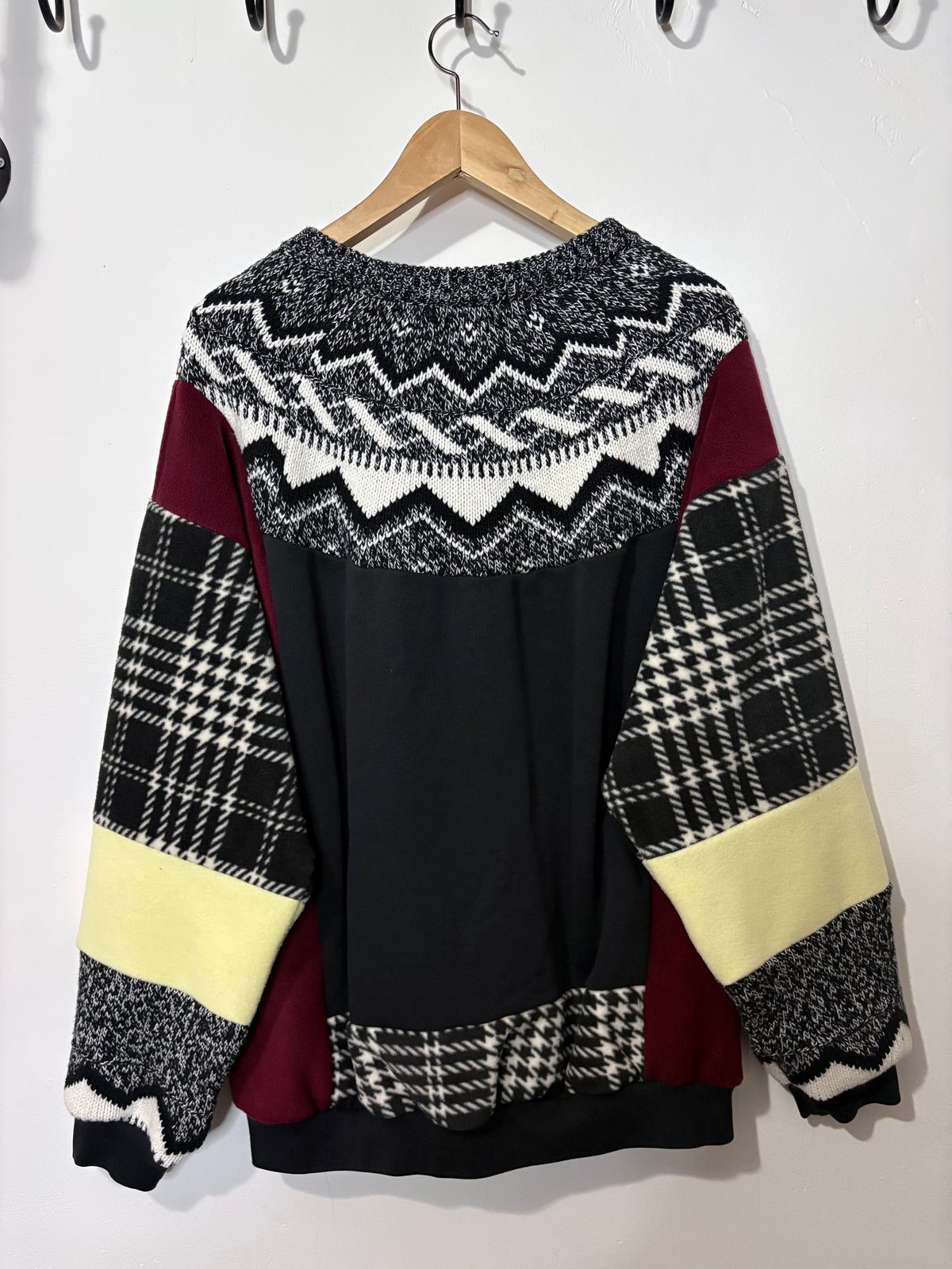 Vintage adidas logo Fair Isle pattern knit burgundy, butter yellow patchwork sweatshirt.