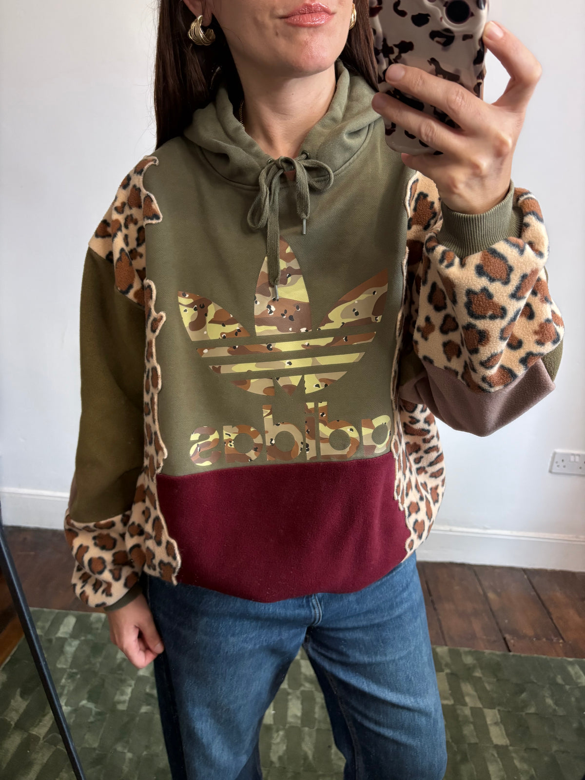Y2K khaki adidas camouflage logo leopard print and burgundy fleece patchwork hoodie sweatshirt.