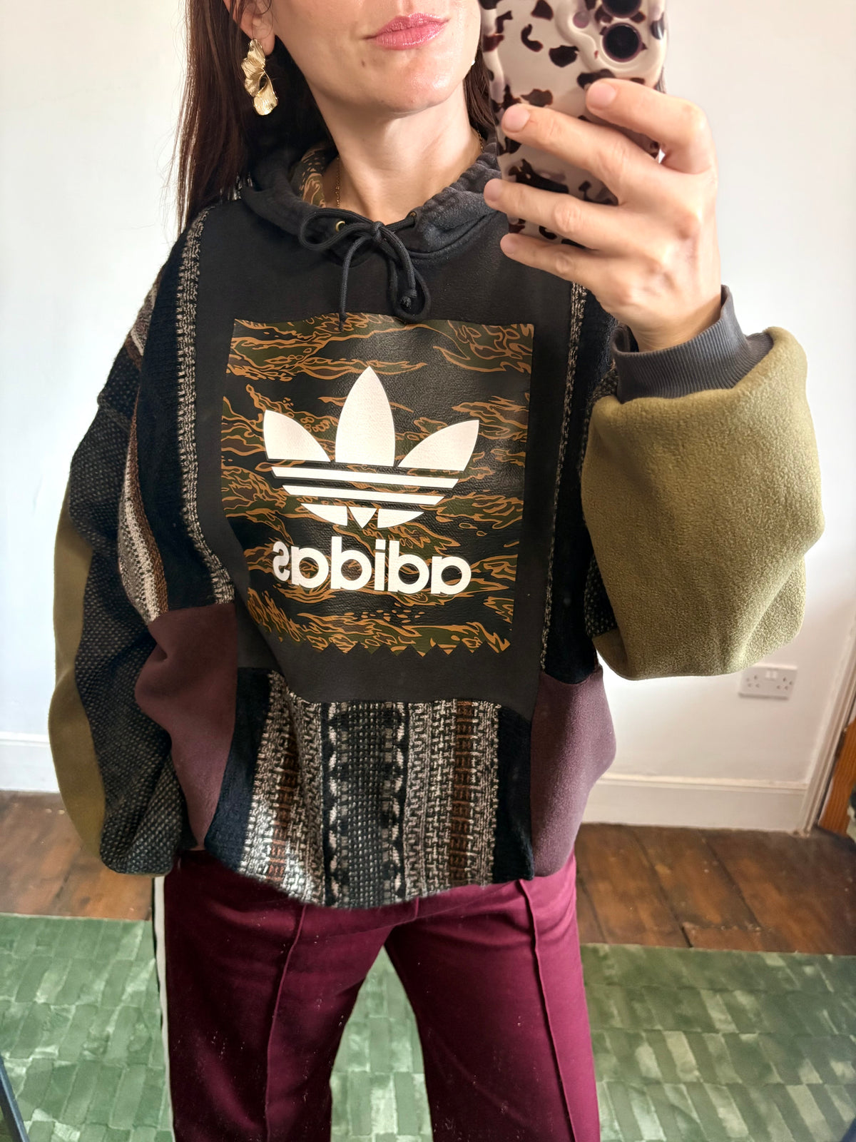 Vintage camouflage adidas logo funky stripe knit patchwork hoodie sweatshirt.