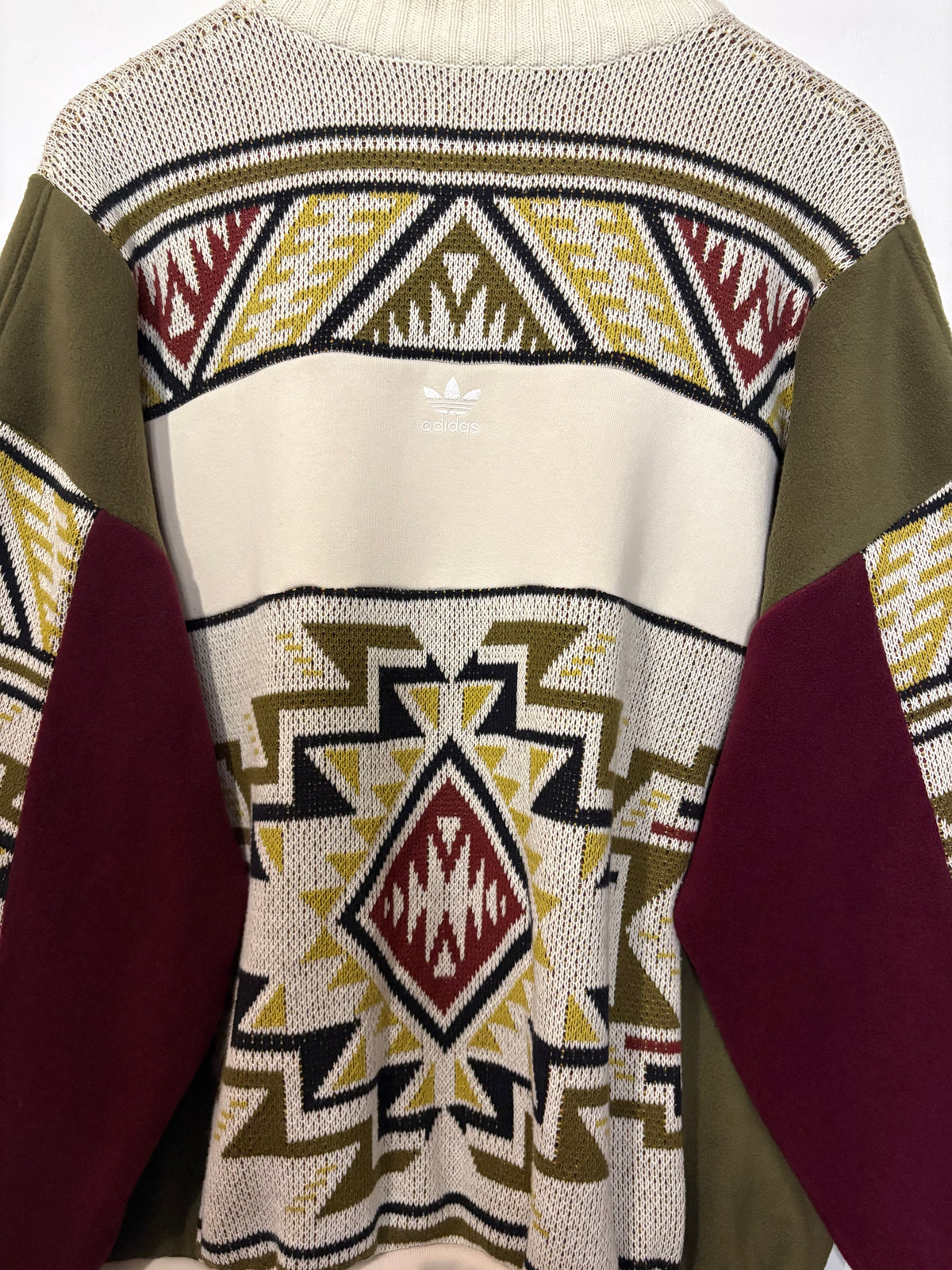 Vintage cream adidas logo funky pattern knit patchwork burgundy, khaki fleece sweatshirt.