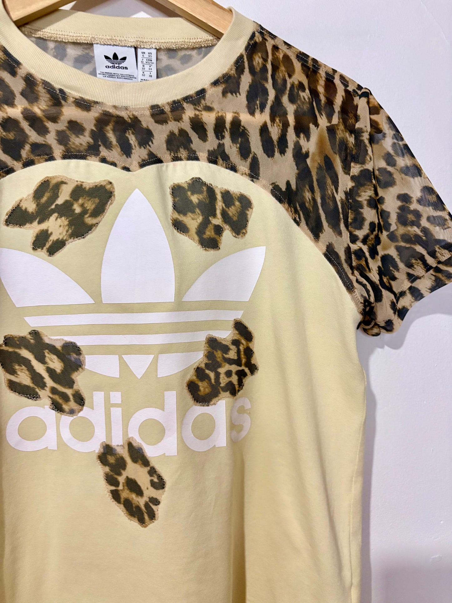 Vintage Y2K butter yellow adidas leopard print sheer mesh patchwork baby tee tshirt.