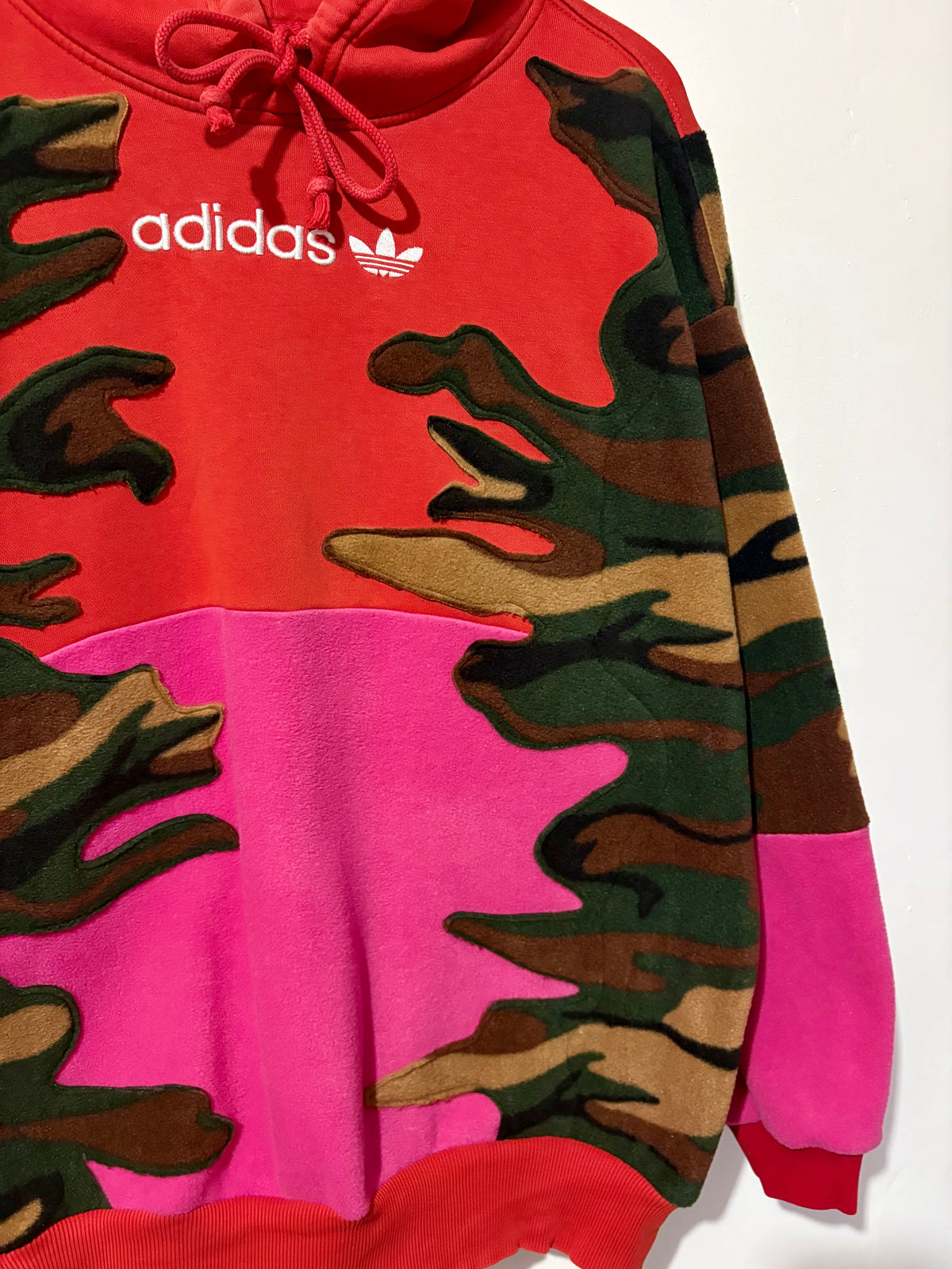 Y2K red adidas camouflage and pink patchwork fleece hoodie sweatshirt.