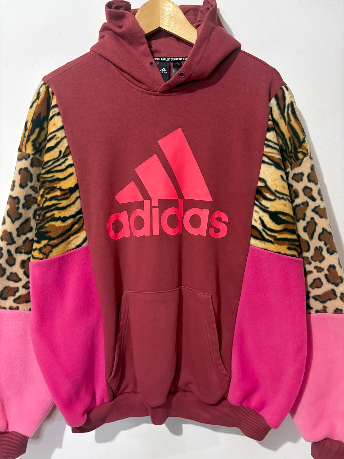Y2K rust adidas tiger, leopard print and pink fleece patchwork hoodie sweatshirt.