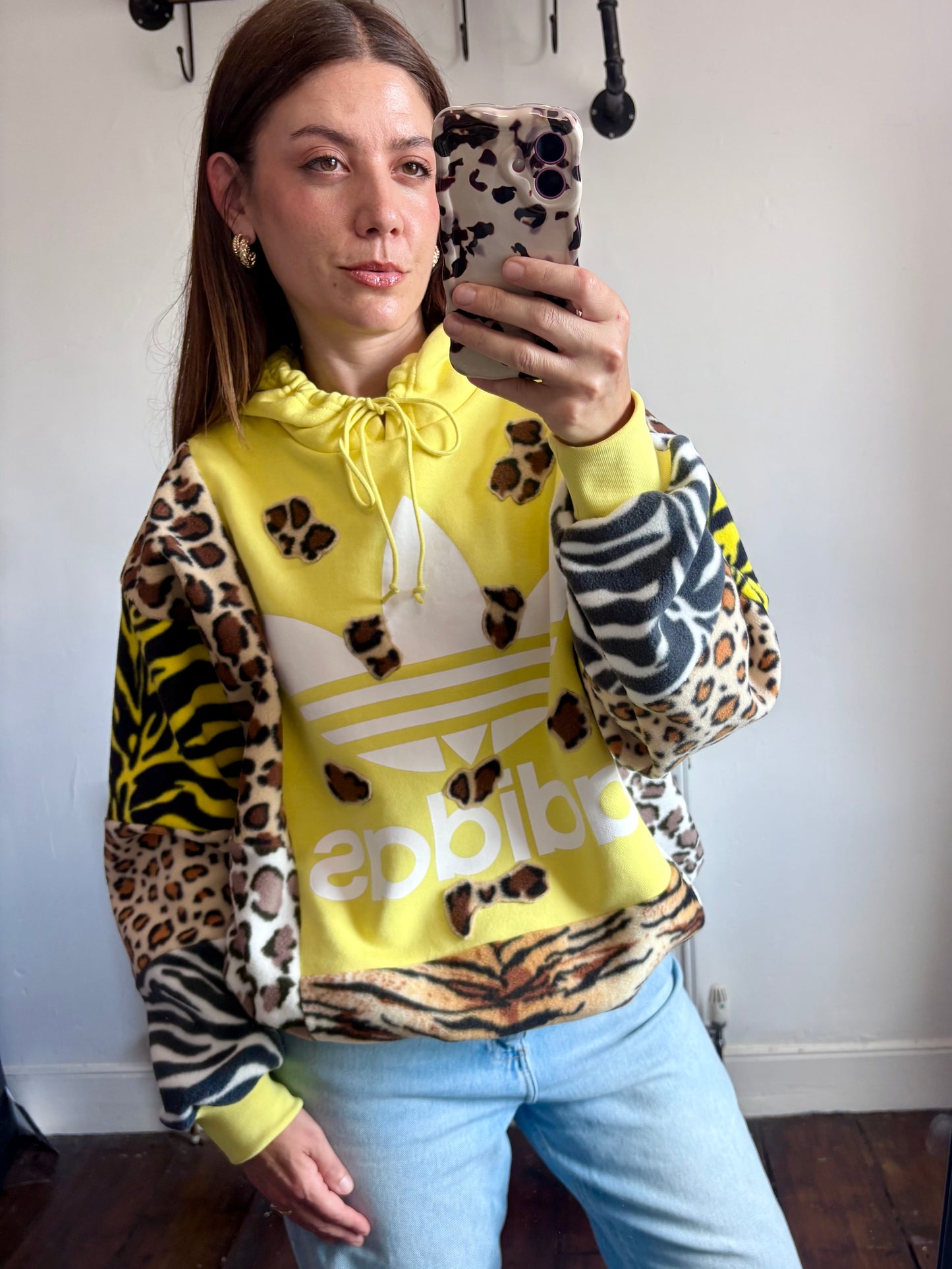 Y2K yellow adidas leopard animal print, patchwork fleece hoodie sweatshirt.
