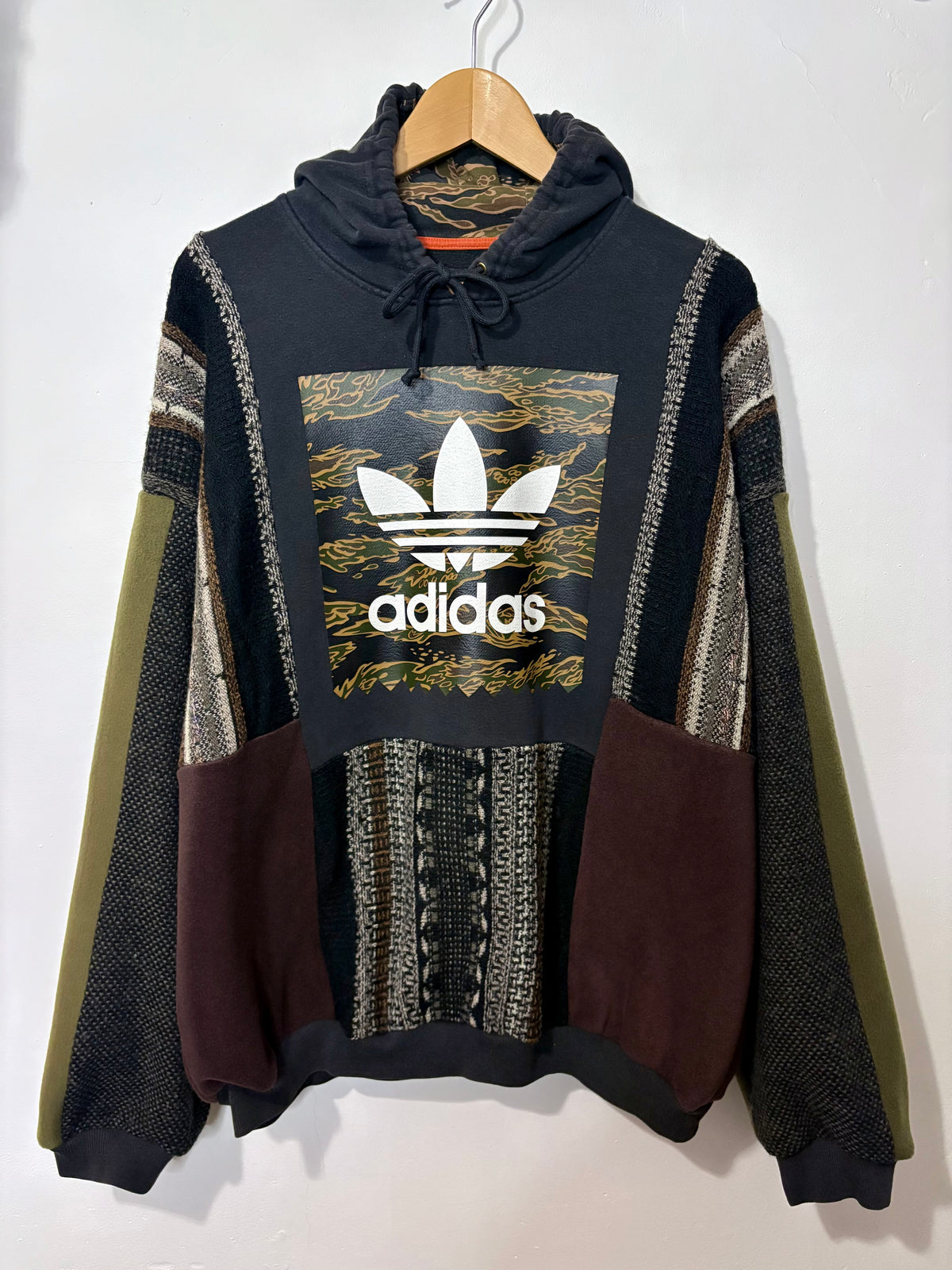 Vintage camouflage adidas logo funky stripe knit patchwork hoodie sweatshirt.