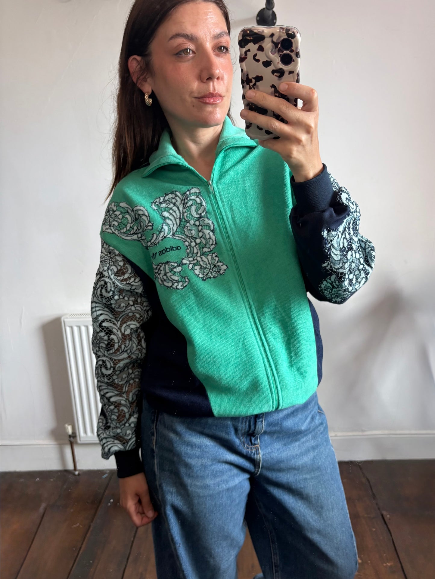 Vintage Y2K adidas baby blue lace patchwork track jacket.