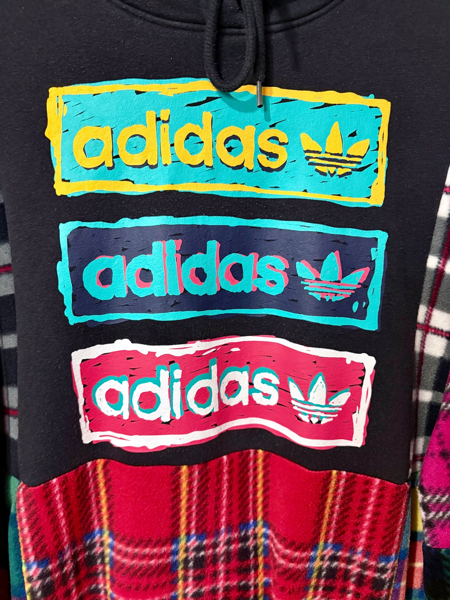 Y2K black adidas tartan checked fleece patchwork hoodie sweatshirt.