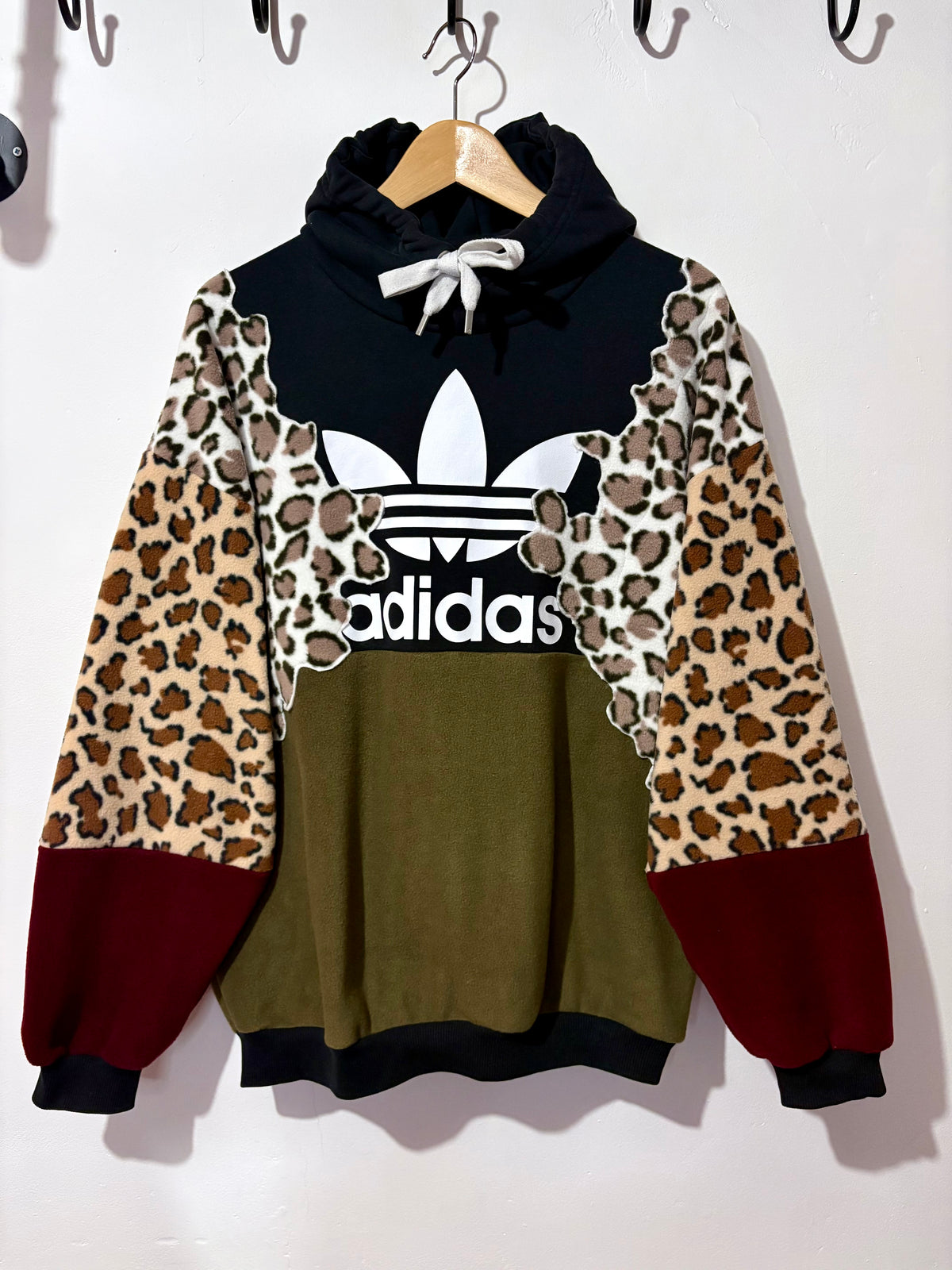 Y2K black adidas logo leopard print, khaki and burgundy fleece patchwork hoodie sweatshirt.