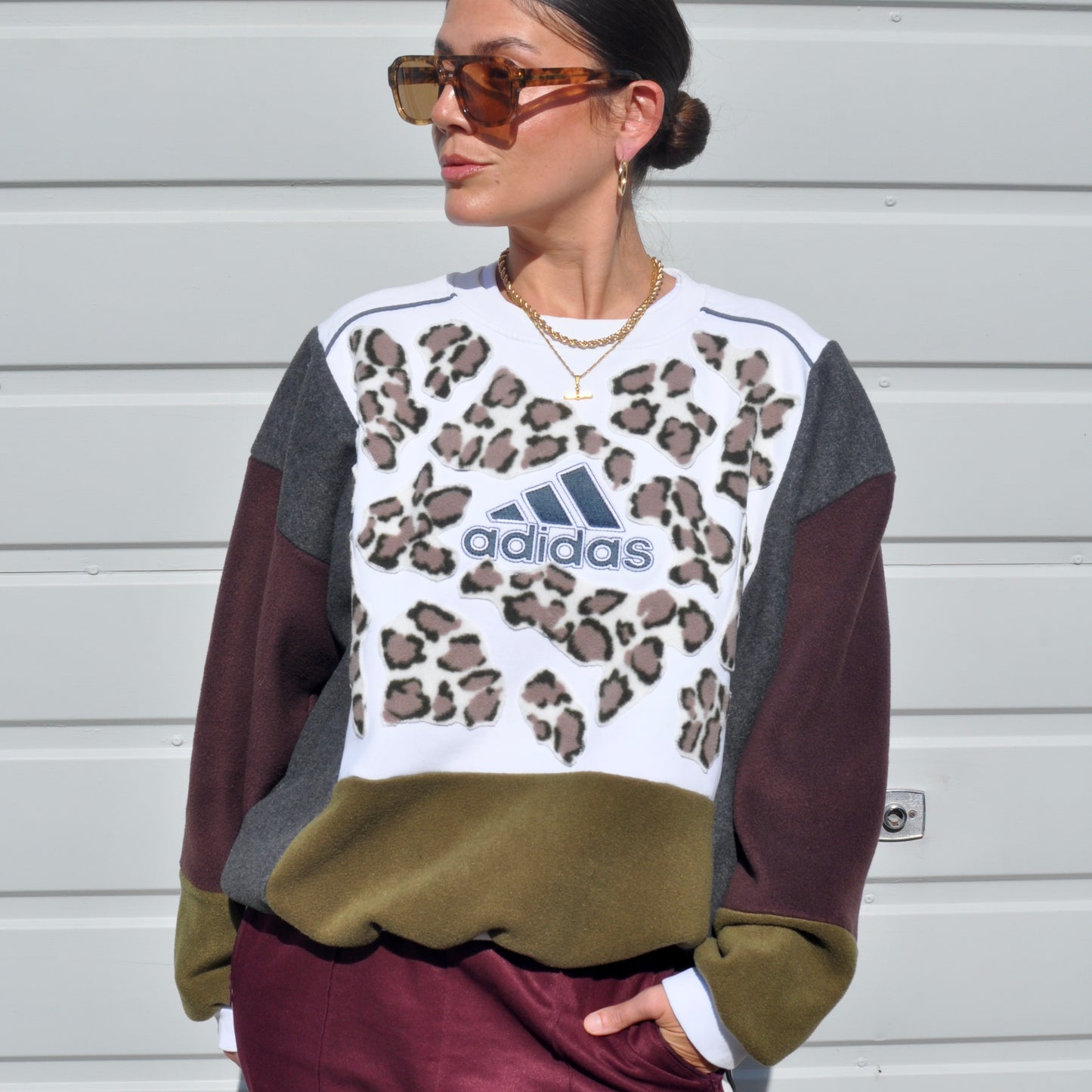 Leopard print fleece patchwork adidas logo sweatshirt