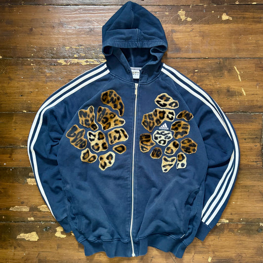 Navy blue adidas leopard patch hoodie sweatshirt.