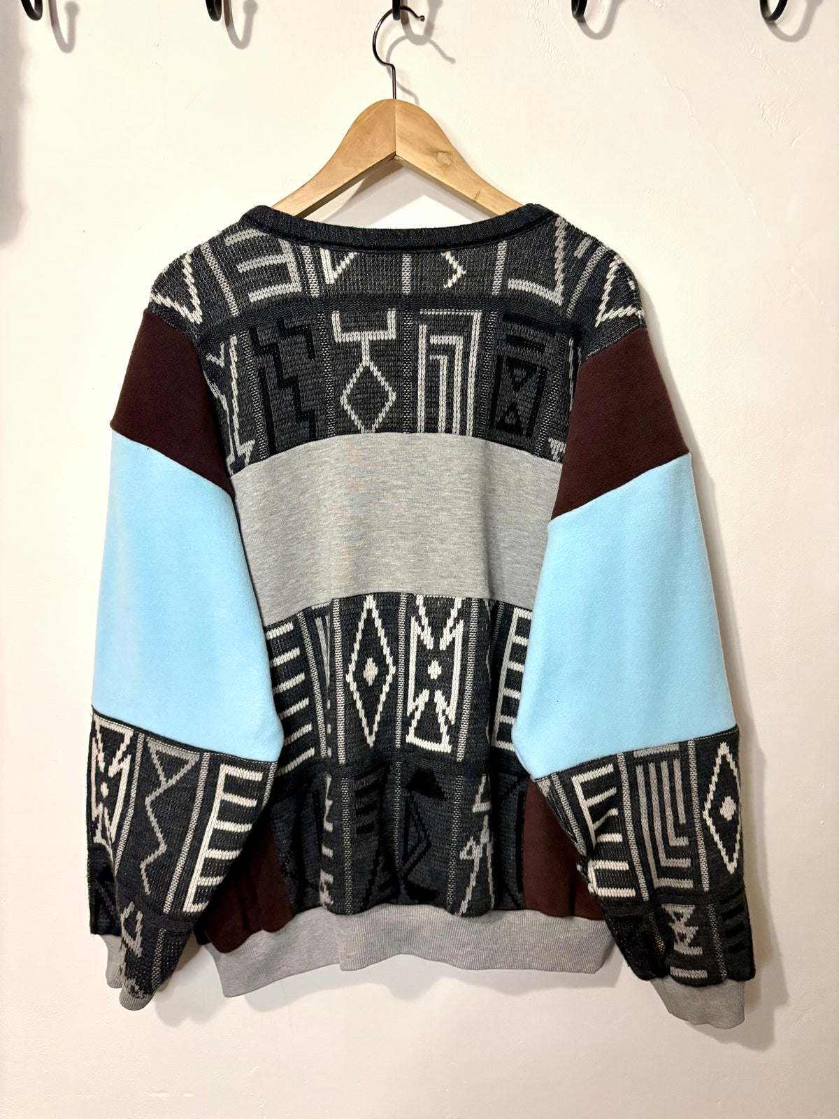 Vintage grey, brown and baby blue adidas logo funky pattern knit patchwork sweatshirt.